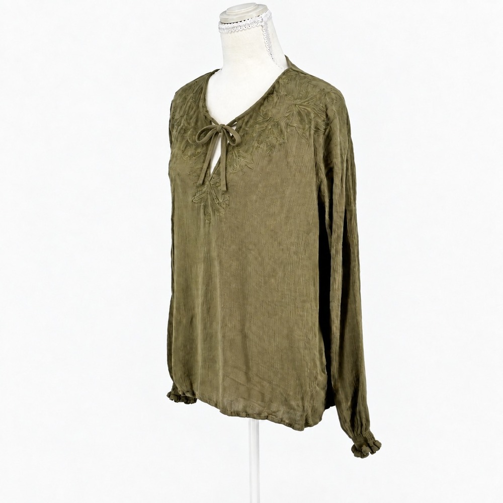 Indigo Collective Olive Green Embroidered Peasant Top Womens XL Boho Tunic